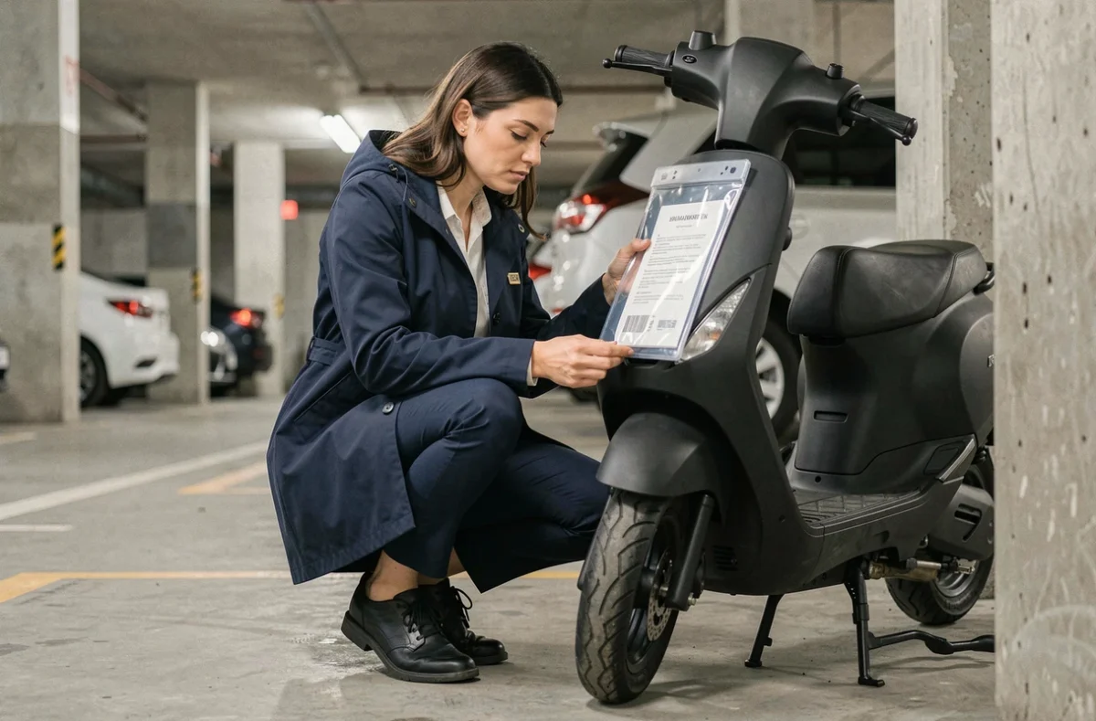 Femme inspectant un porte-assurance imperméable fixé sur un scooter dans un parking souterrain