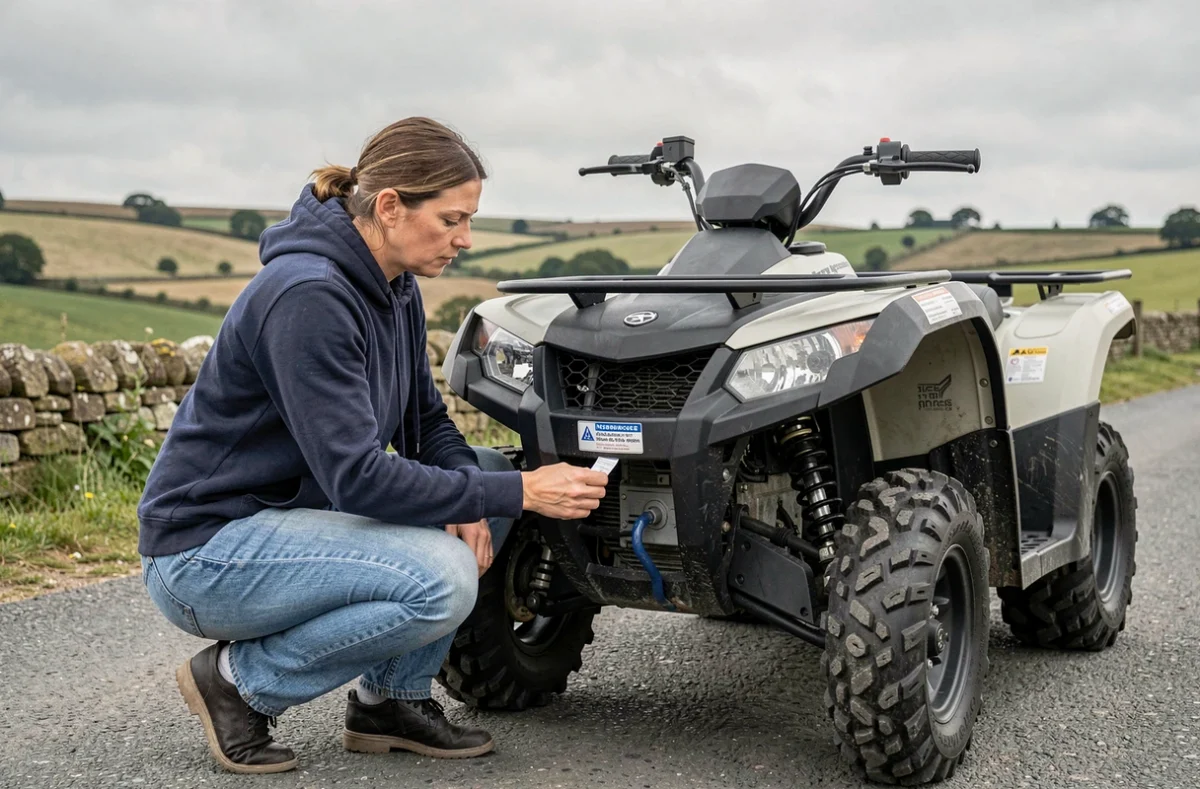 Femme accroupie examinant l'emplacement de la vignette d'assurance sur son quad en milieu rural