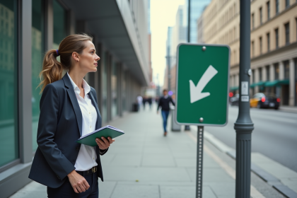 Femme en ville regardant un panneau vert pointant en arrière