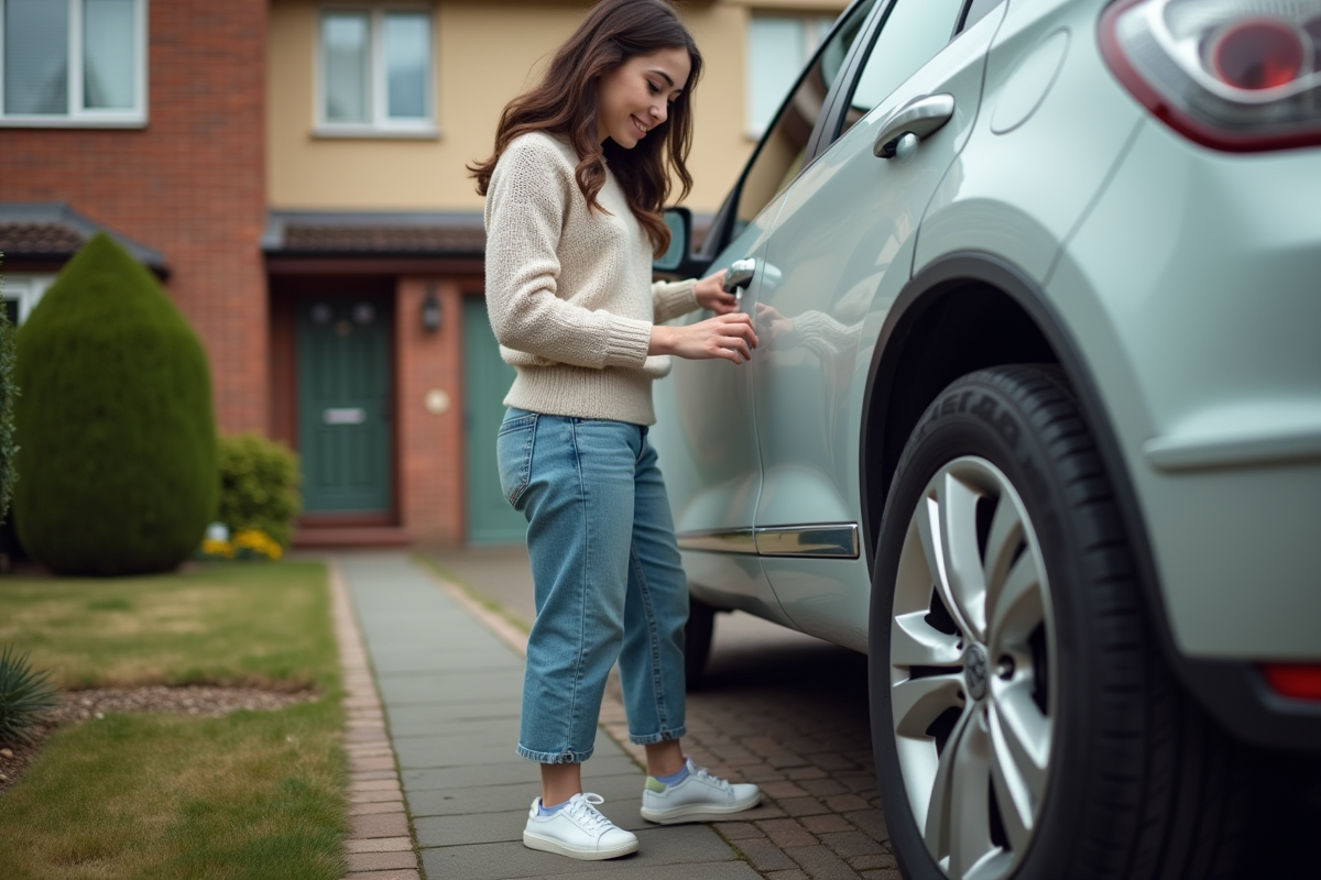 Jeune femme regardant le pneu d