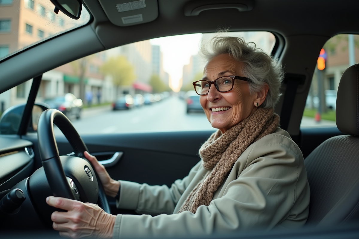 Femme retraitée regardant à travers le pare-brise d