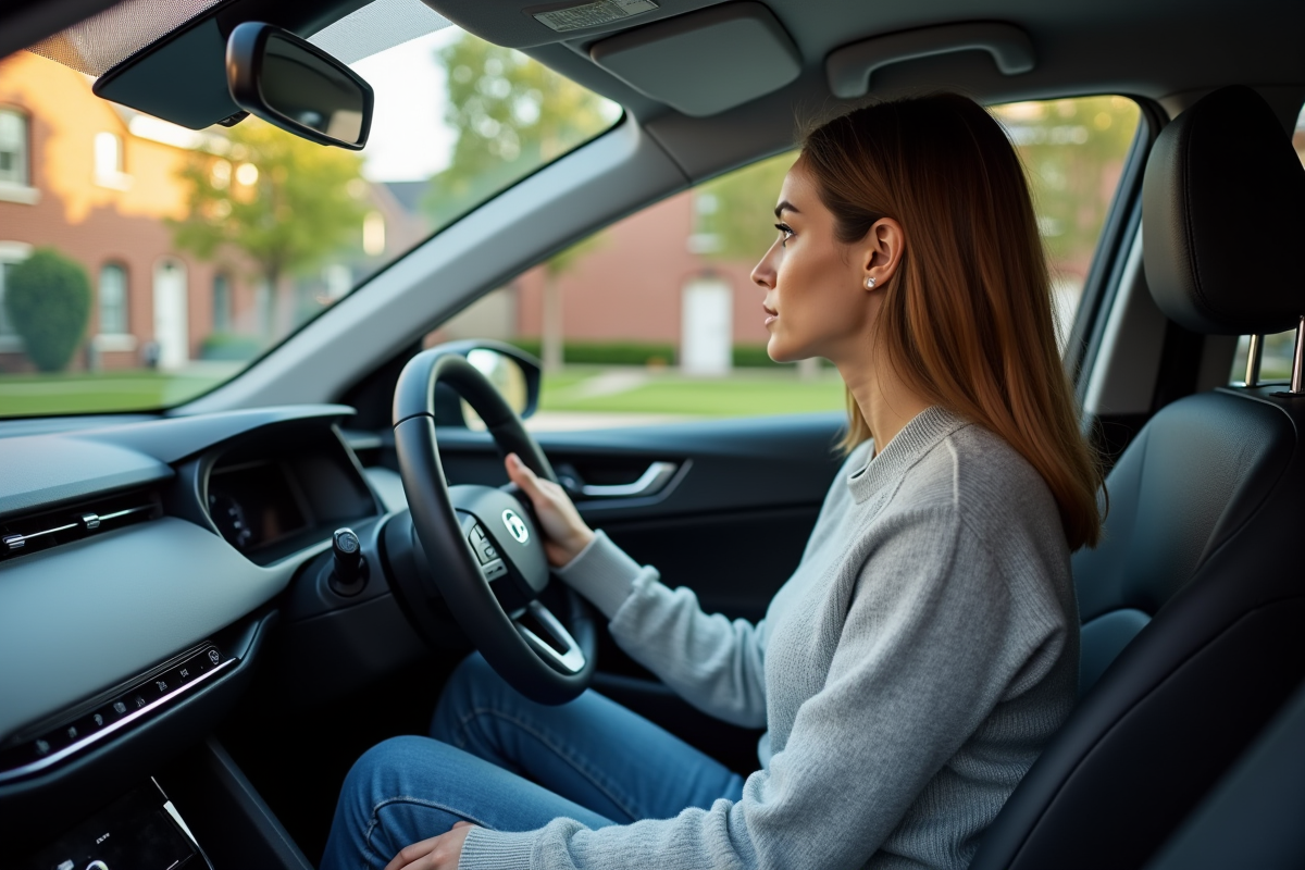 Jeune femme regardant le tableau de bord dans une voiture hybride