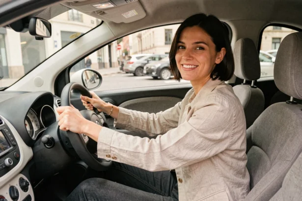 Jeune femme au volant d'une voiture sans permis en ville, vue de l'intérieur
