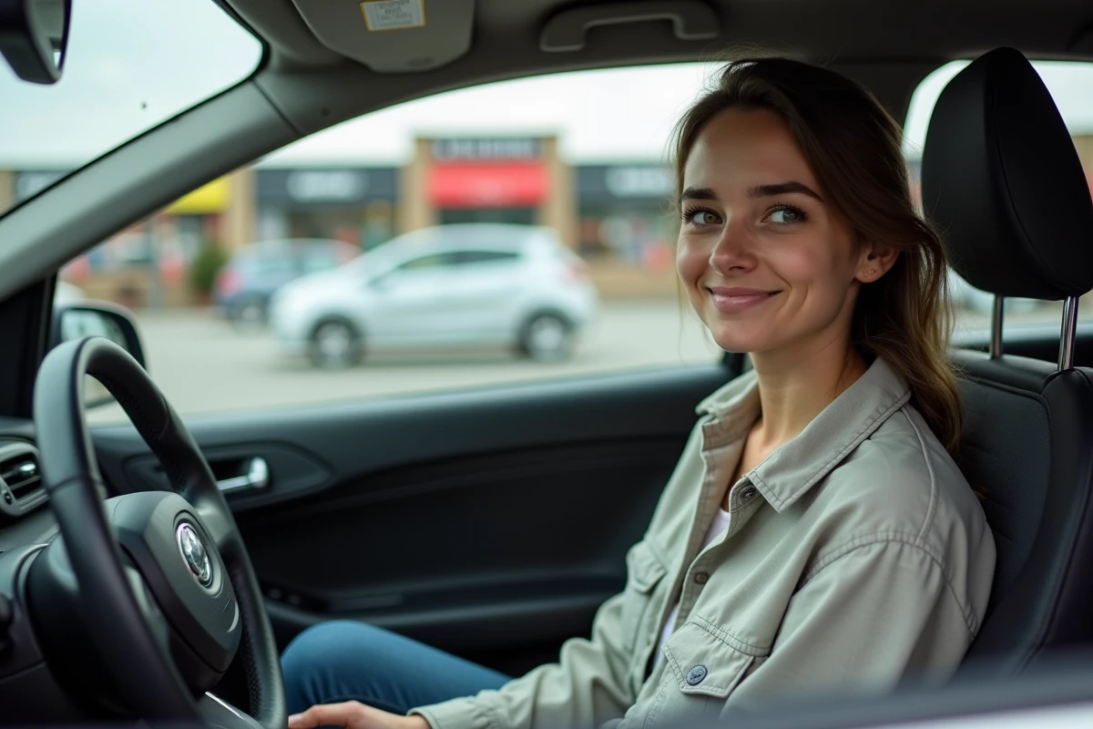 Jeune femme détendue dans une voiture devant un supermarché
