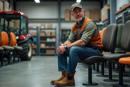 Homme fermier assis sur un si&egrave;ge de tracteur en showroom