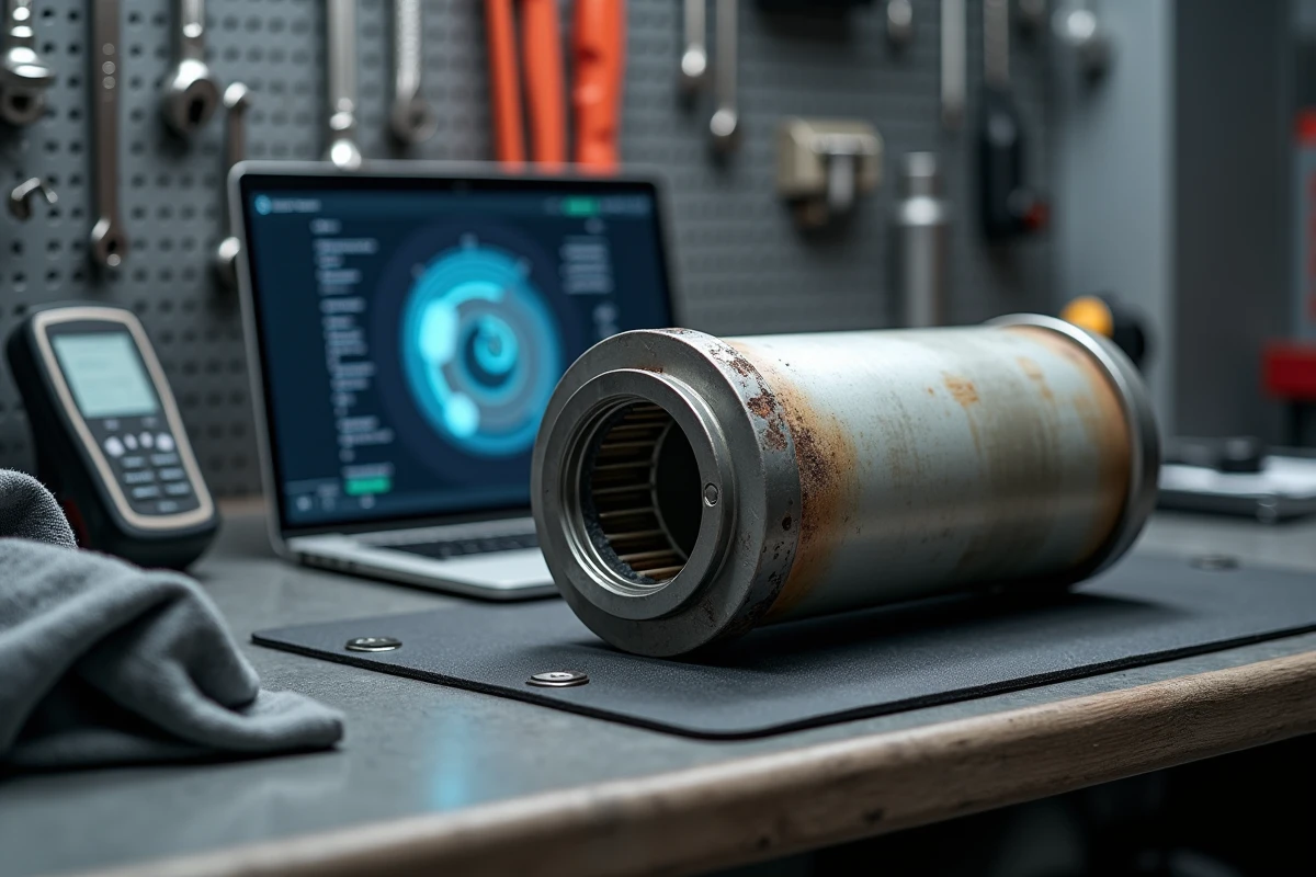 Filtre à particules FAP déposé sur un établi avec scanner OBD et outils de diagnostic moteur diesel