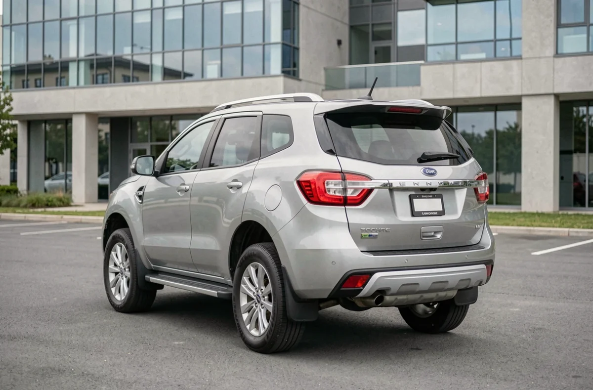 Arrière du Ford Everest SUV en stationnement urbain montrant les feux LED et le design de hayon
