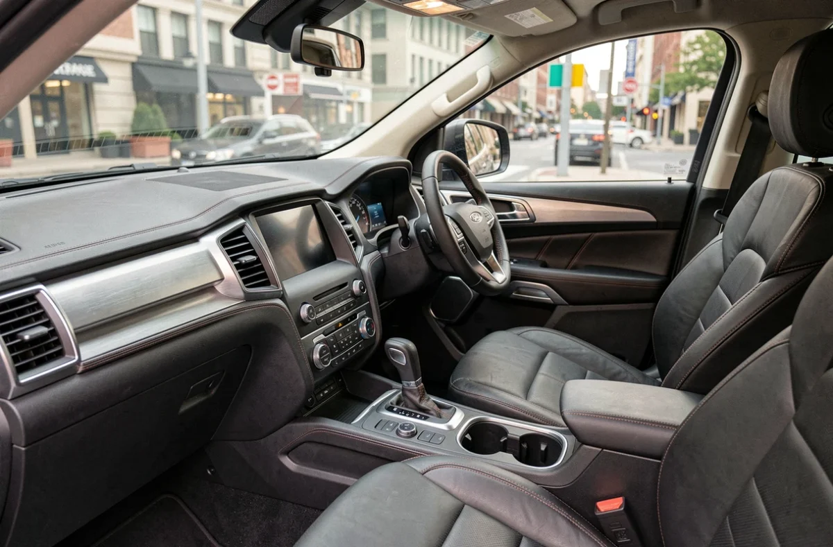 Intérieur du Ford Everest avec tableau de bord, sièges en cuir et écran tactile central en détail