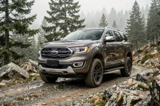 Ford Everest SUV vu de trois quarts avant sur un chemin de montagne rocailleux entouré de pins