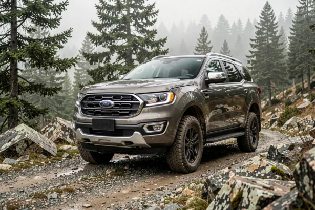 Ford Everest SUV vu de trois quarts avant sur un chemin de montagne rocailleux entouré de pins