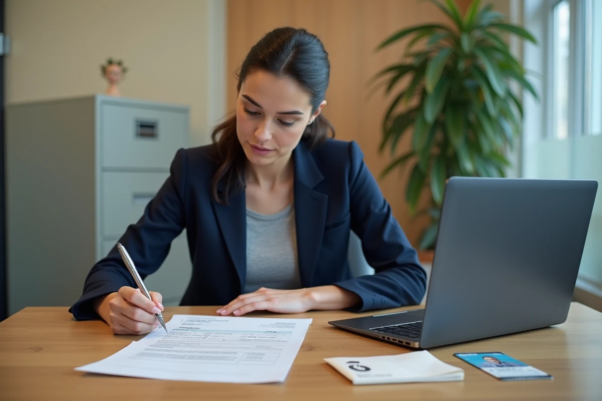 Femme remplissant un formulaire d'immatriculation de véhicule dans un bureau administratif belge