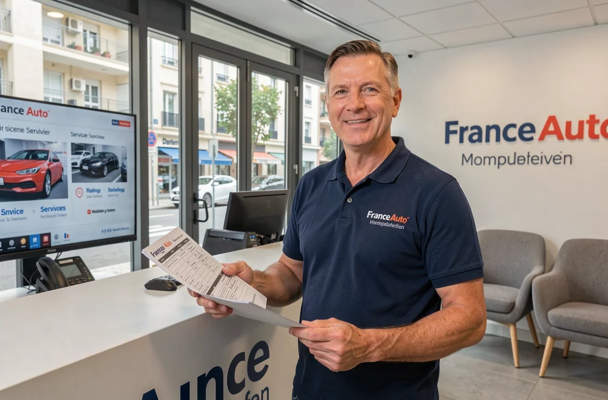 Responsable de service accueillant les clients à la réception moderne de France Auto à Montpellier