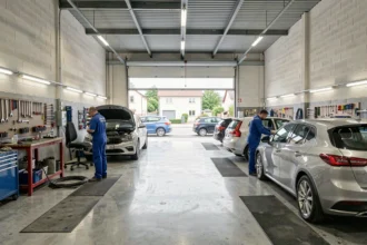 Vue panoramique d'un garage automobile professionnel en Île-de-France avec plusieurs véhicules en cours de réparation