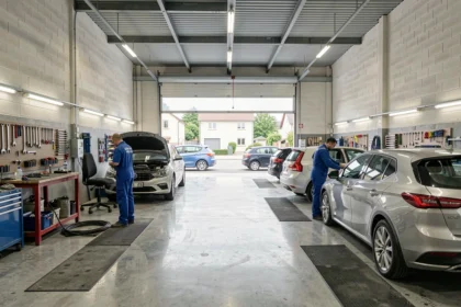 Vue panoramique d'un garage automobile professionnel en Île-de-France avec plusieurs véhicules en cours de réparation