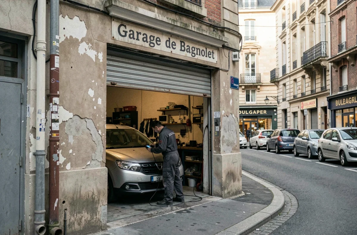 Façade du Garage de Bagnolet en Seine-Saint-Denis avec un mécanicien effectuant un diagnostic moteur sur un véhicule