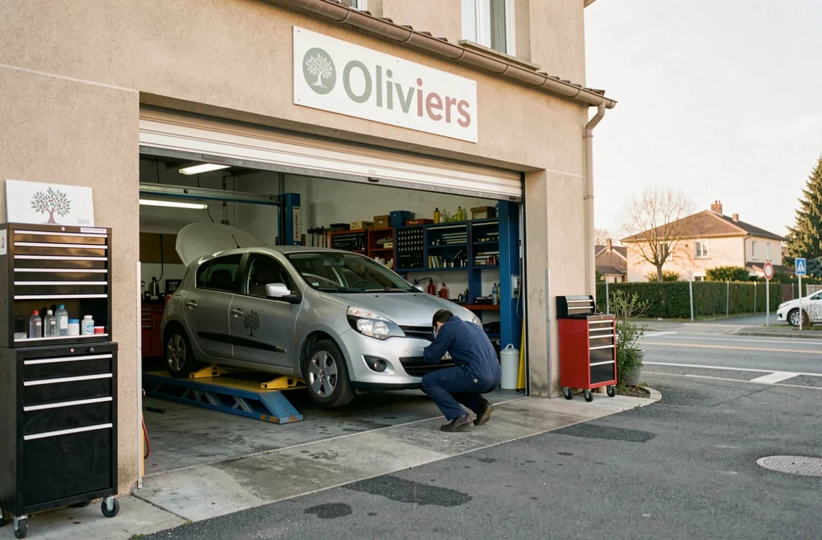 Le Garage des Oliviers à Vigneux-sur-Seine en Essonne, mécanicien travaillant sur une voiture sous élévateur