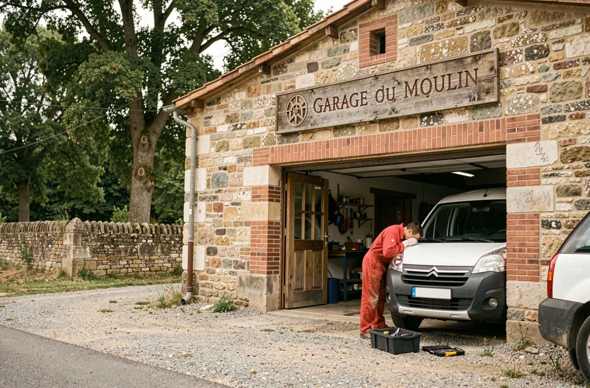Façade en pierre du Garage du Moulin en Île-de-France avec un mécanicien inspectant un utilitaire sur le parvis