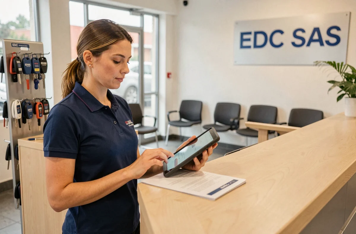 Conseillère service accueillant les clients à la réception du Garage EDC SAS avec tablette numérique