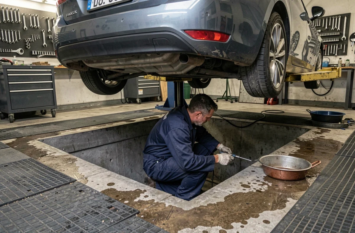Mécanicien du Garage Fosse en Île-de-France travaillant dans une fosse d'inspection sous un véhicule en atelier