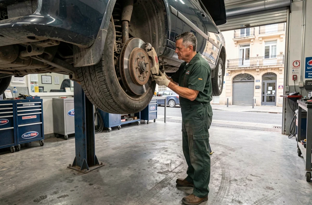 Mécanicien effectuant un contrôle technique sous un véhicule surélevé chez le Garage Fourcadier à Montpellier