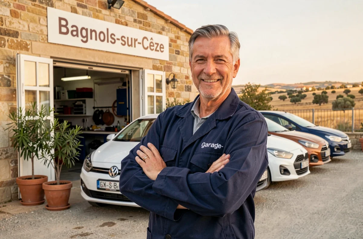 Propriétaire du garage Gimenez à Bagnols-sur-Cèze posant devant son atelier automobile