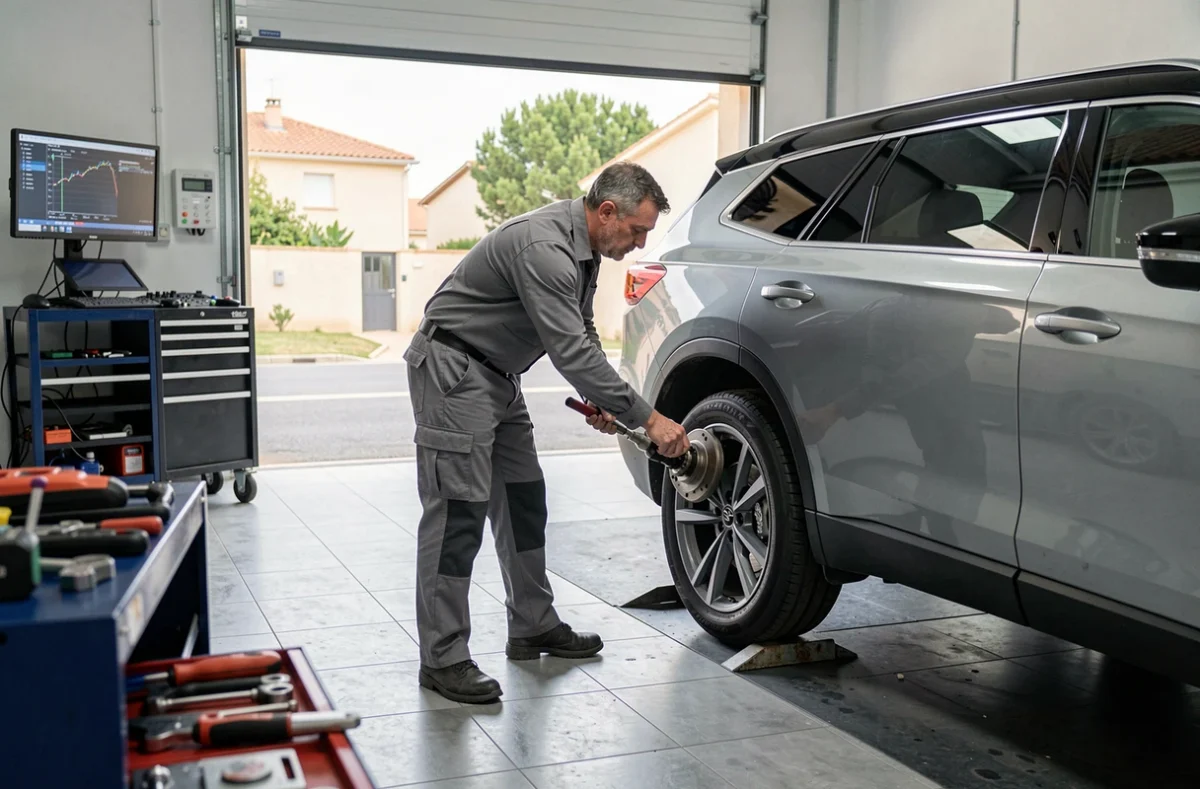 Technicien effectuant un contrôle de géométrie sur un SUV dans l'atelier du Garage KMS à Clapiers