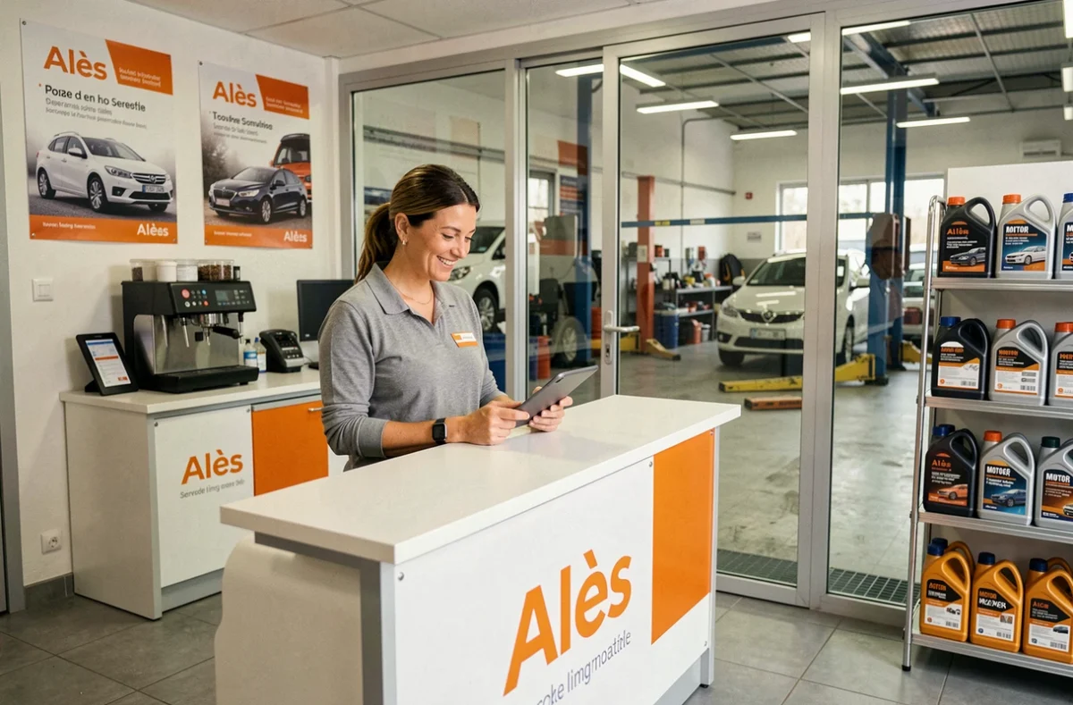 Conseillère d'accueil au garage La Jass'Auto à Alès accueillant un client à la réception