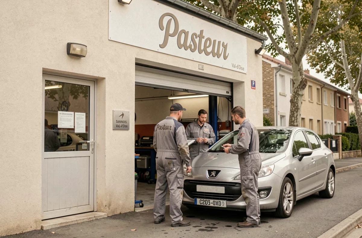 Façade du Garage Pasteur à Sannois dans le Val-d'Oise avec des mécaniciens au travail devant le bay ouvert