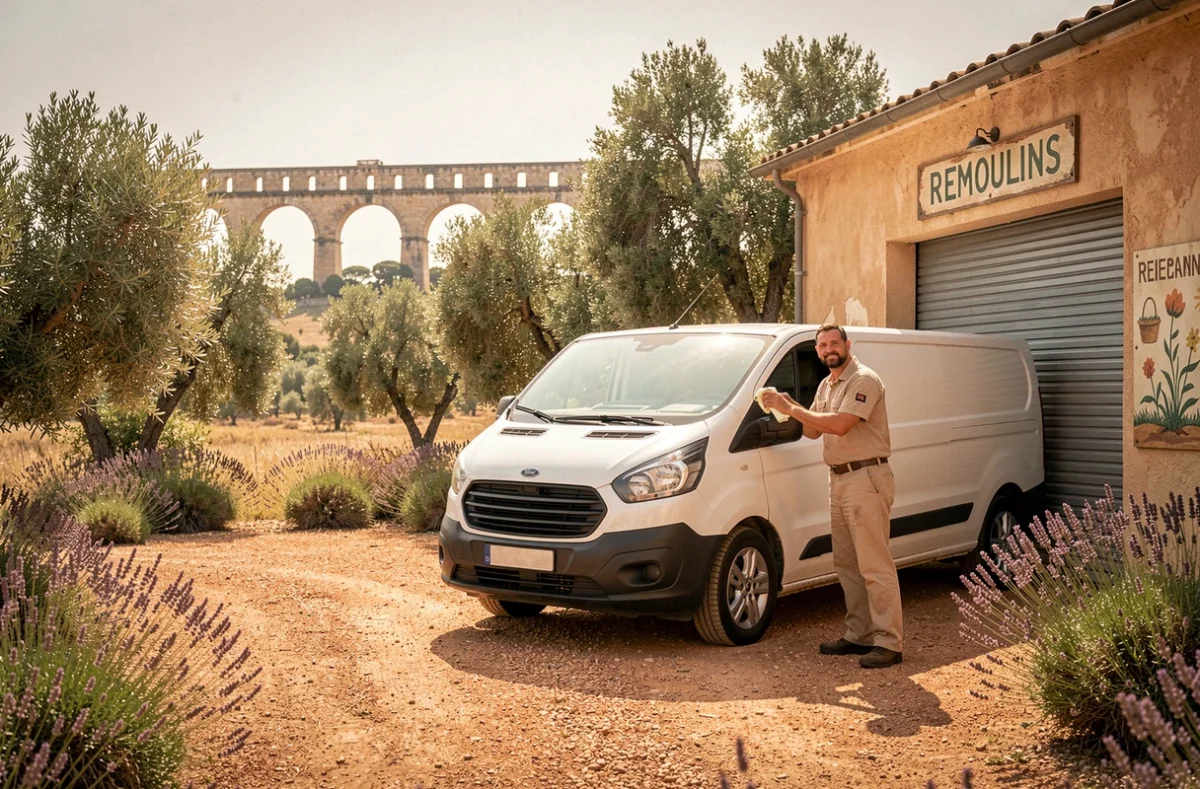 Mécanicien devant le garage du Pont du Gard à Remoulins avec l'aqueduc romain visible en arrière-plan