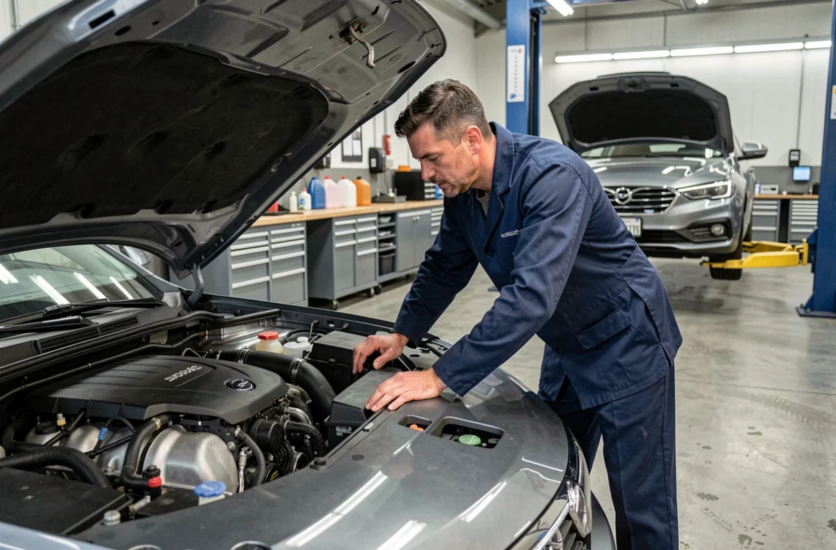 Mécanicien inspectant le moteur d'une voiture dans le garage S91 à Saint-Côme-et-Maruéjols