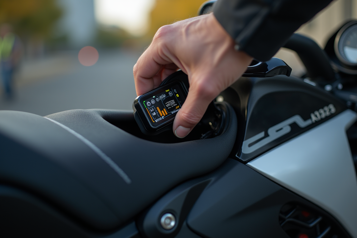 Main installant un traceur GPS discret sous la selle d'une moto