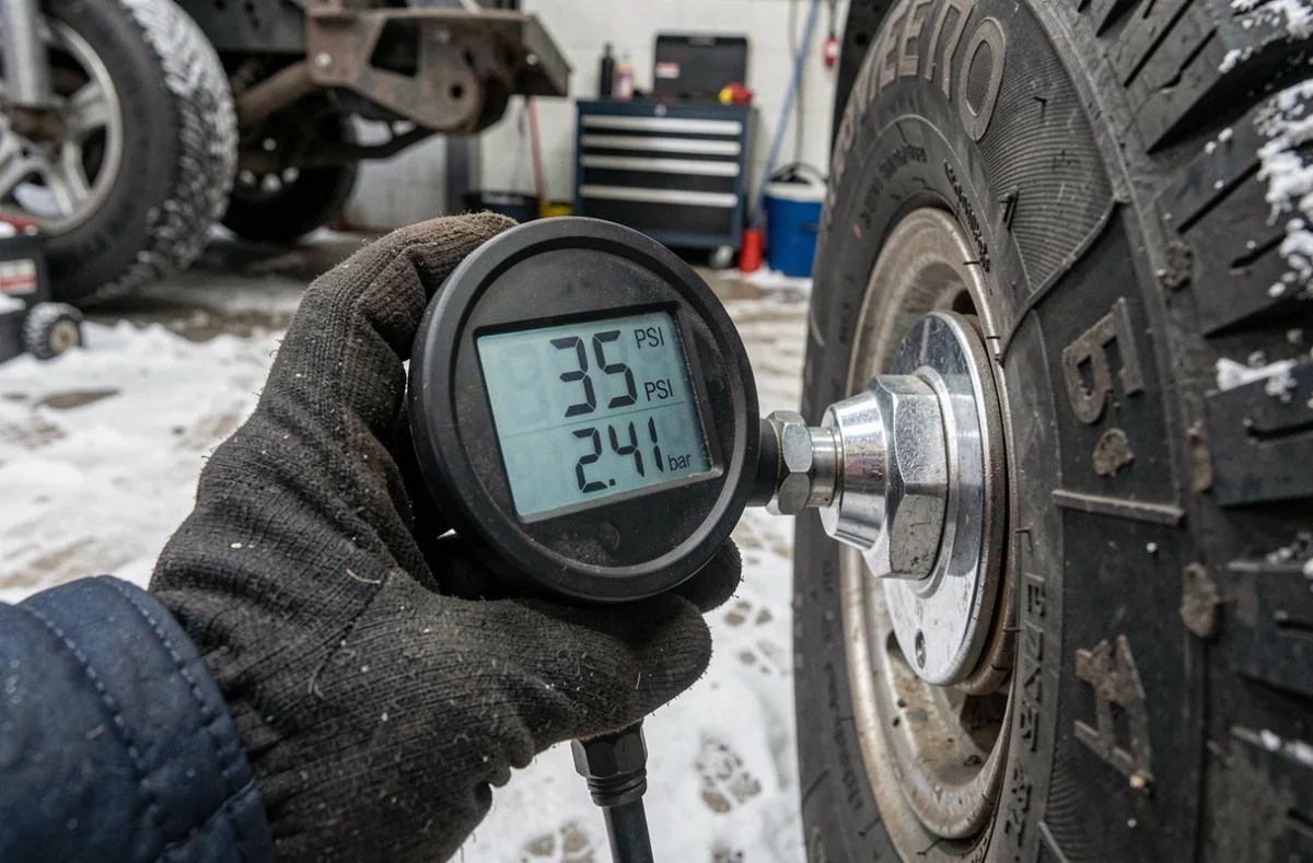Gros plan sur un manomètre numérique affichant 35 PSI et 2.41 bar lors du gonflage d'un pneu hiver
