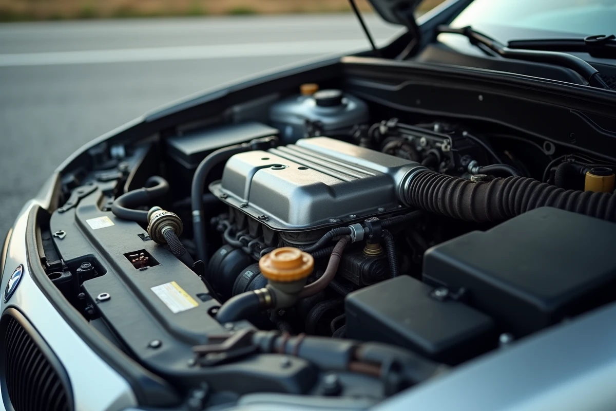Gros plan sur un moteur surchauffé avec traces de liquide de refroidissement sous le capot d'une voiture en panne