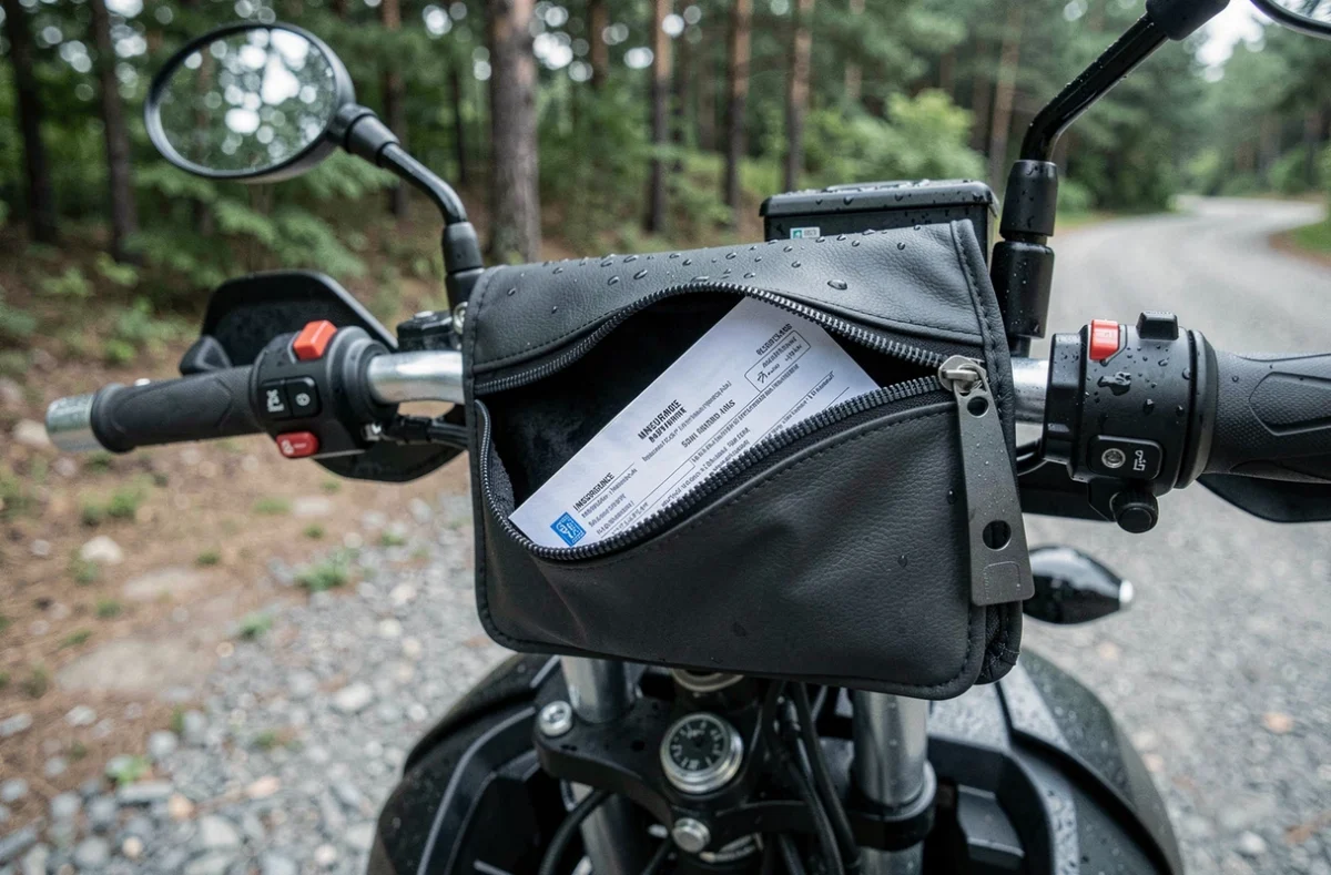 Gros plan d'un porte-assurance moto étanche fixé sur le guidon avec les documents visibles à l'intérieur