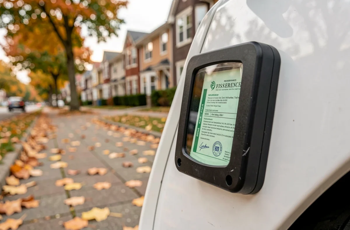 Gros plan d'un support d'assurance rigide avec attestation visible sur un scooter électrique blanc