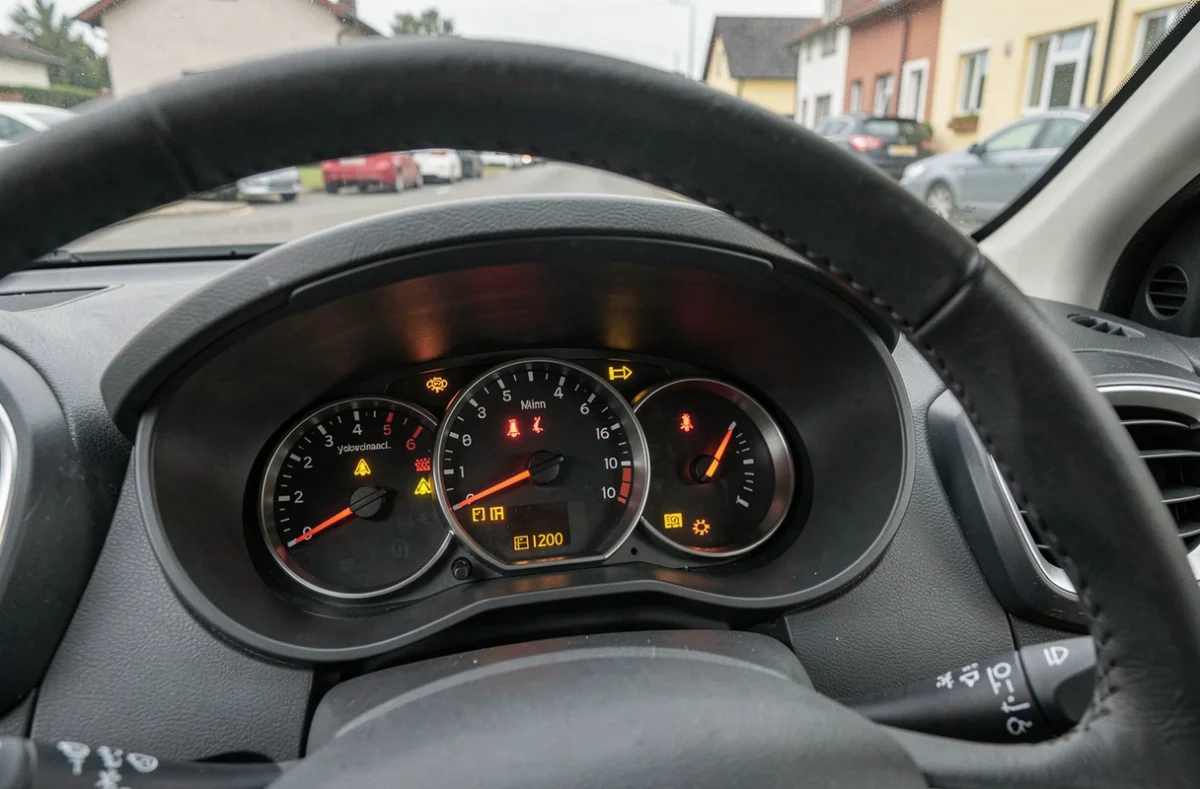 Gros plan sur les voyants d'alerte allumés du tableau de bord d'une Dacia Sandero