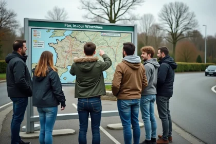 Groupe d'adultes regardant une carte routière de France