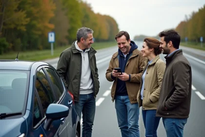 Quatre adultes souriants près d'une voiture sur la route
