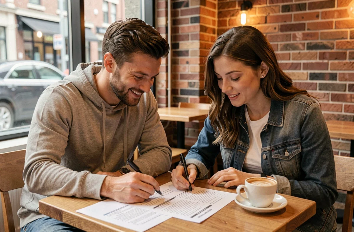 Deux étudiants révisant ensemble les questions du permis de conduire avec un corrigé imprimé dans un café