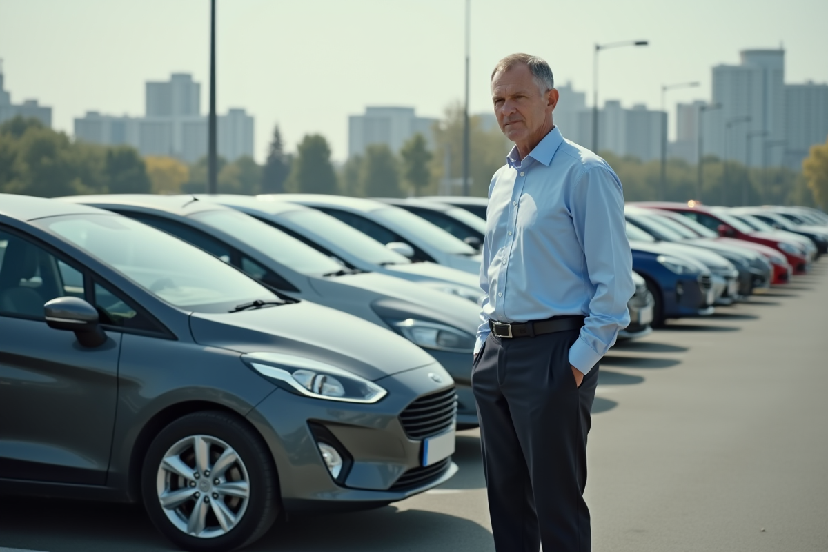 Homme d affaires debout à côté d une voiture en parking
