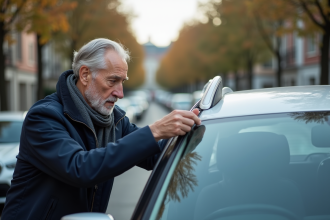 Homme apposant vignette Crit Air sur sa voiture