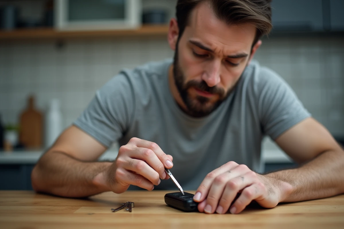 Homme ouvrant une clé Clio 4 d'occasion pour changer la pile à la maison