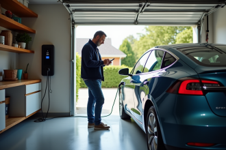 Homme d'âge moyen vérifiant son smartphone près d'une voiture électrique dans un garage
