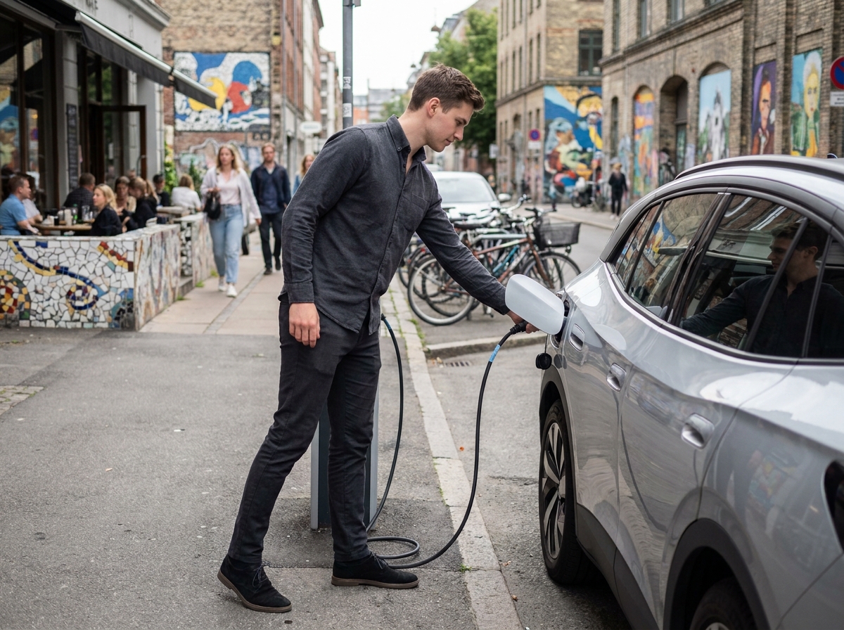 Homme branchant une voiture électrique au stationnement urbain