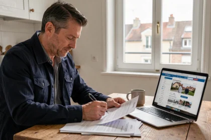 Un homme compare des offres d'assurance auto à Dunkerque en consultant des documents et un ordinateur portable à la maison