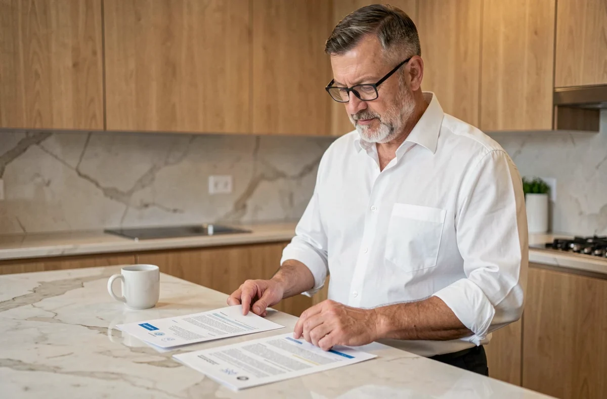 Homme comparant des documents d'assurance auto à son comptoir de cuisine à domicile