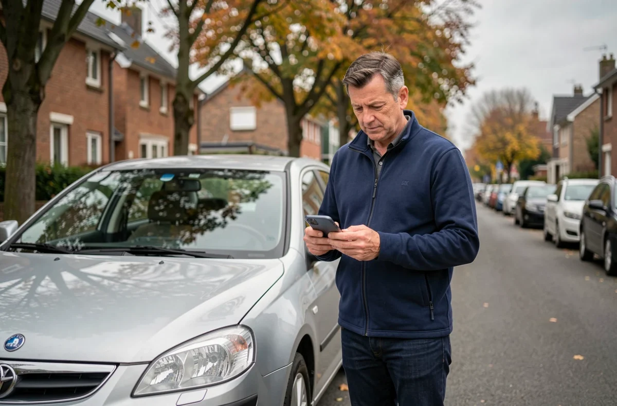 Homme comparant des offres d'assurance auto sur smartphone devant sa voiture, démarche facilitée par la loi Hamon