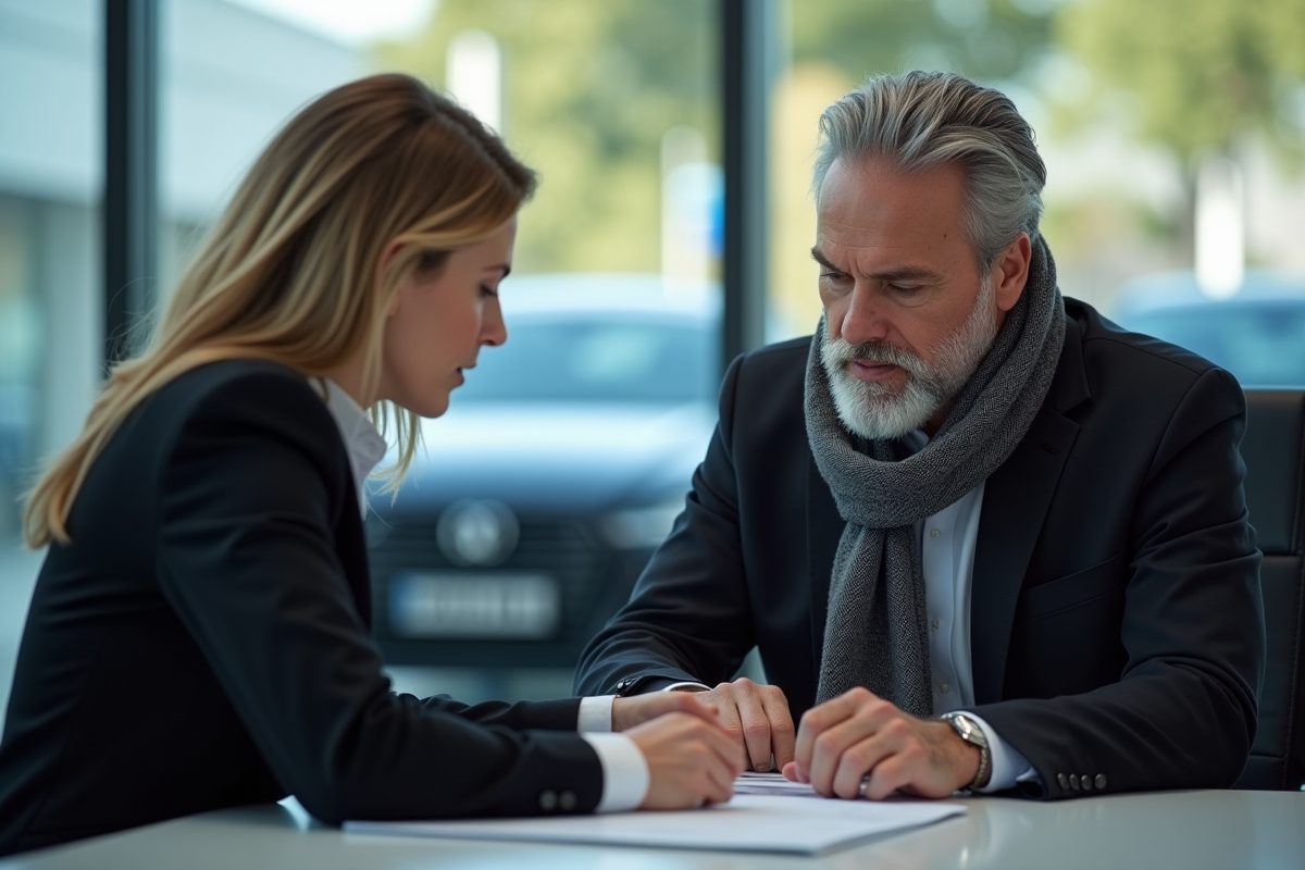 Homme d age consulte brochure auto avec conseiller en showroom