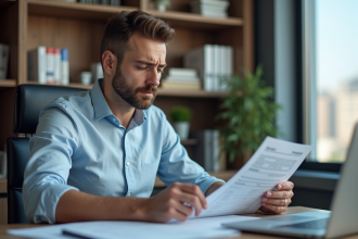 Jeune homme lisant un contrat d'assurance auto au bureau