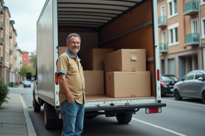 Homme en vêtements casual à côté d'un camion de déménagement blanc